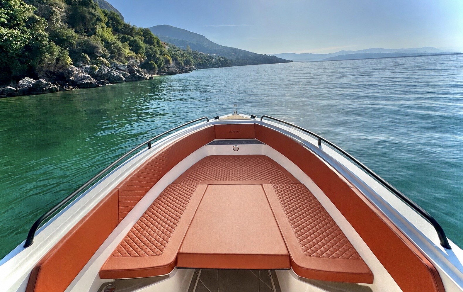 Nissaki Rent a Boat Corfu front deck orange details nemesis