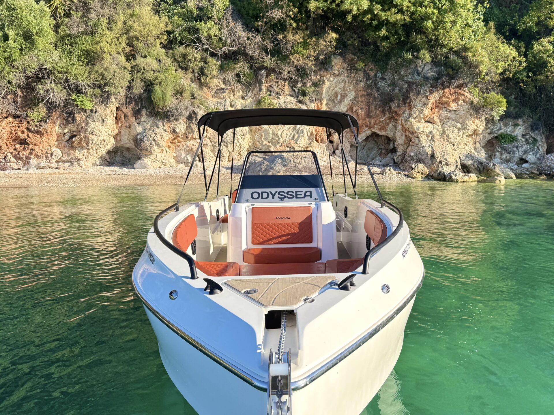 Nissaki Rent a Boat Corfu front of the boat nemesis